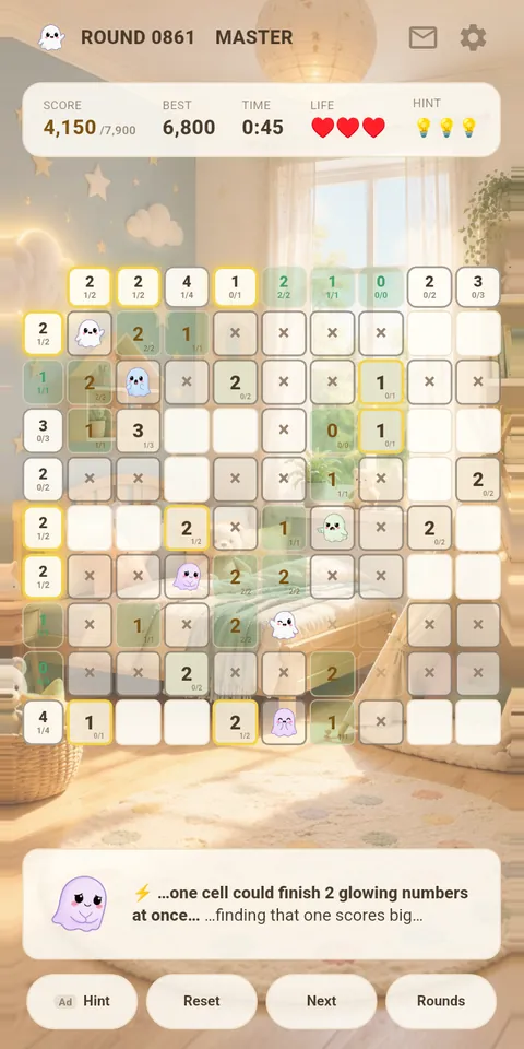 A 9×9 board in play: numbers and × marks across the cells, the ghosts already found, and a child's-room wallpaper showing through behind it