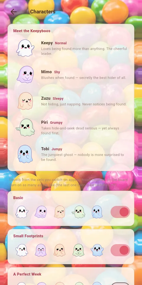 The characters screen, listing Keepy, Mimo, Zuzu, Piri and Tobi with a note on each one's temperament