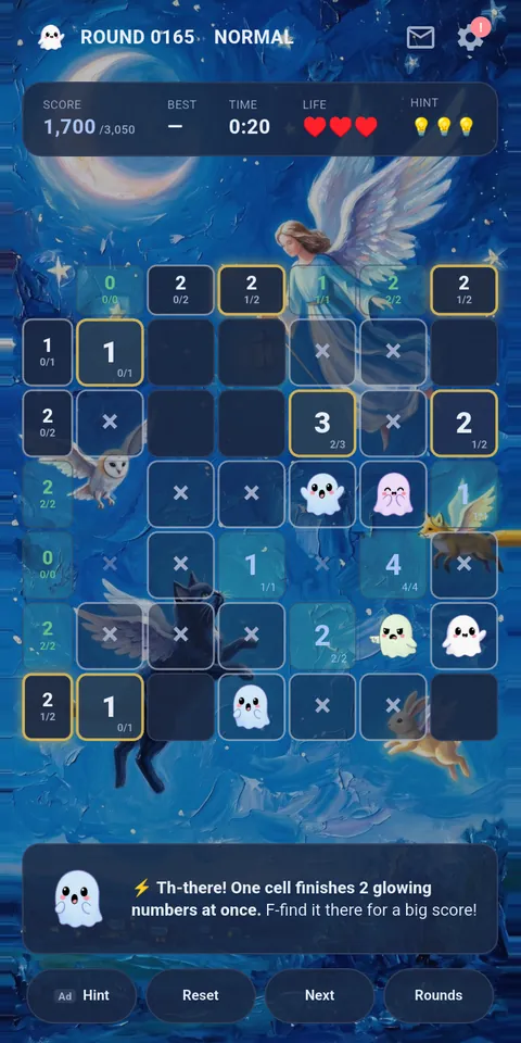 A 9x9 board on the night-sky theme, with the moon, stars, an angel and an owl showing through the gaps