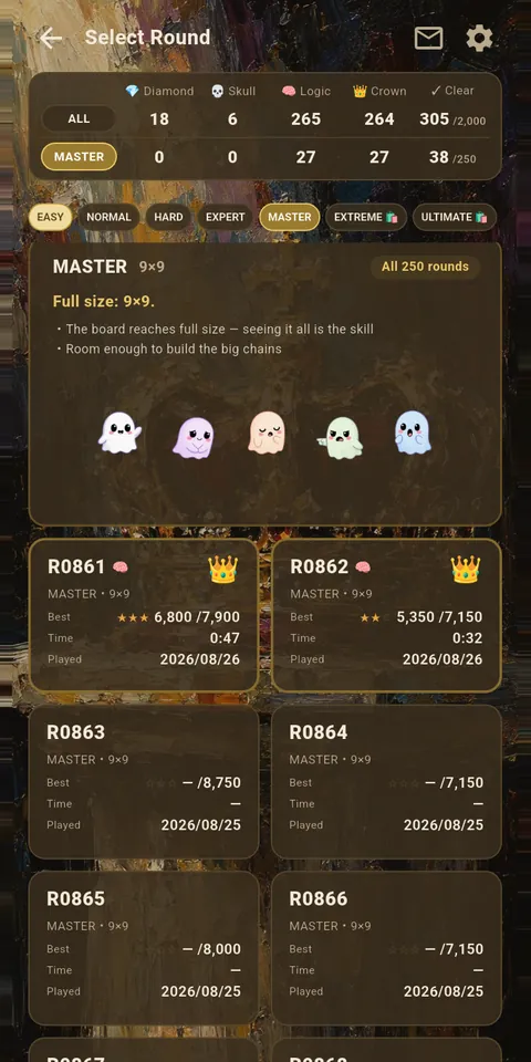 The round list, grouped by difficulty, with a best score and time kept for each puzzle