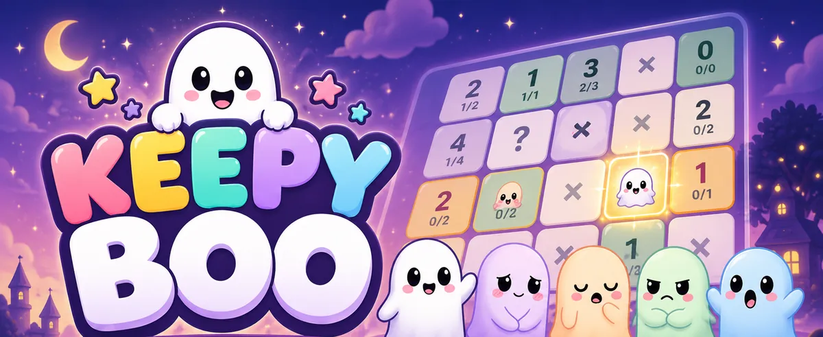 The KEEPYBOO logo beside a board of numbers and × marks, a ghost popping out of a glowing cell, and the five Keepyboos lined up in front